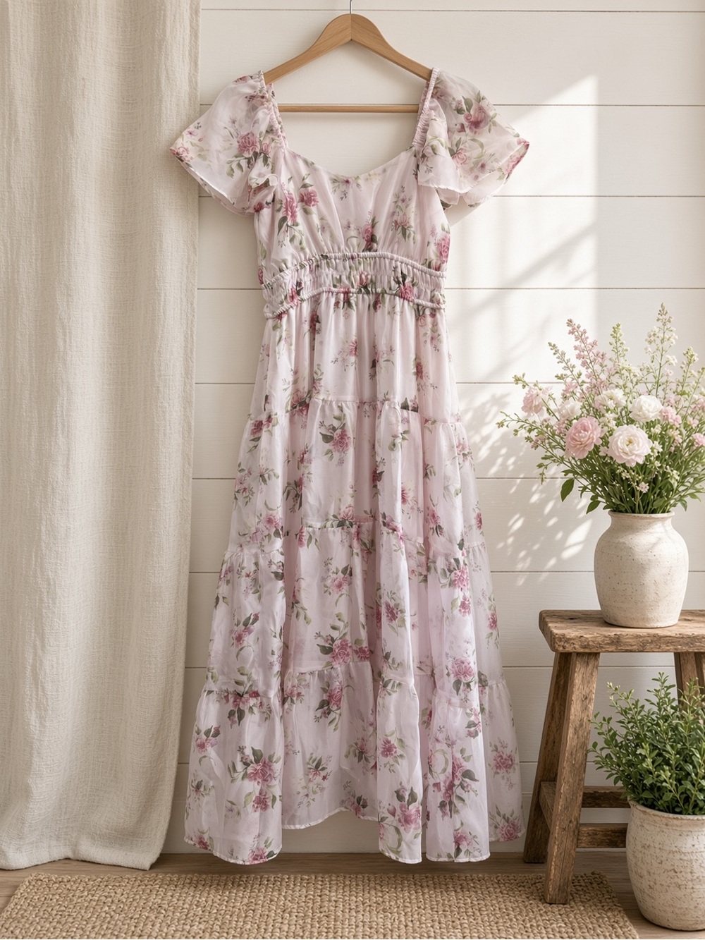 Floral Chiffon Flounce Sleeve Shirred Midi Dress Large